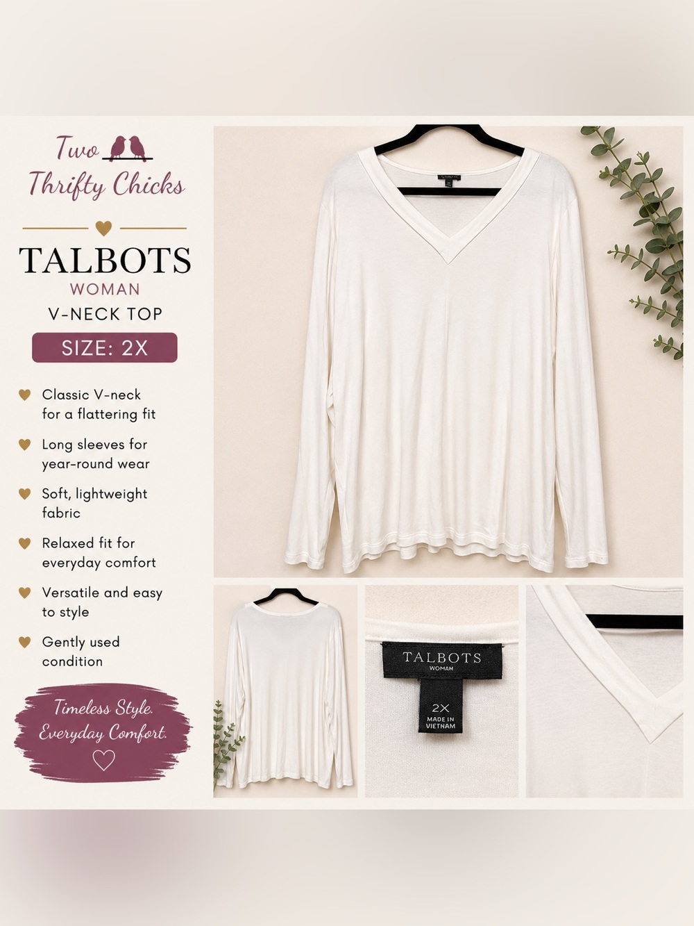 Talbots Woman V-Neck Long Sleeve Top - Cream Color - Size 2X - GUC